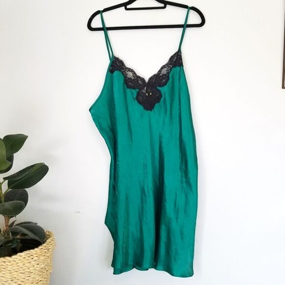 Vintage Intimate Pleasures Emerald Green Mini 90’s Satin Lace Trim Slip Dress XL - Picture 1 of 10